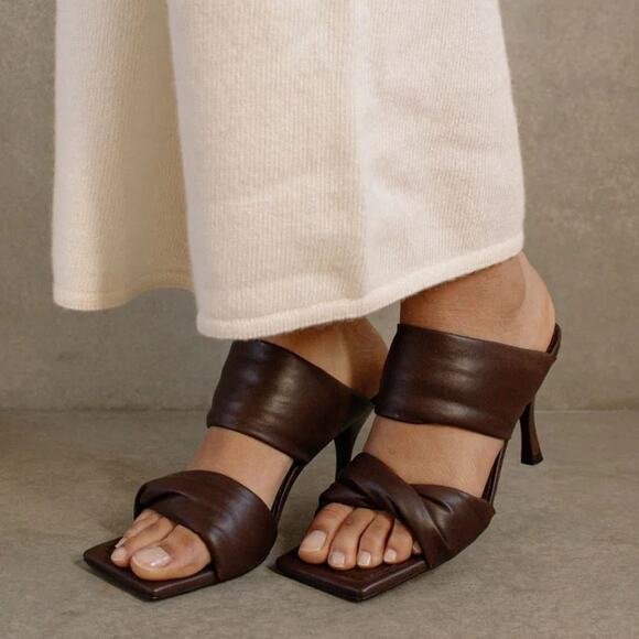 Alohas Twist Strap Sandals‎ Coffee Brown Leather Heels Square Toe Sz 37 / 6.5 - Picture 1 of 10